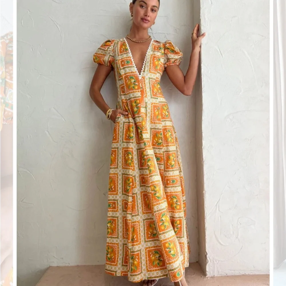 Vibrant Orange Floral Dress with Deep V-Neck - Picture 2 of 3